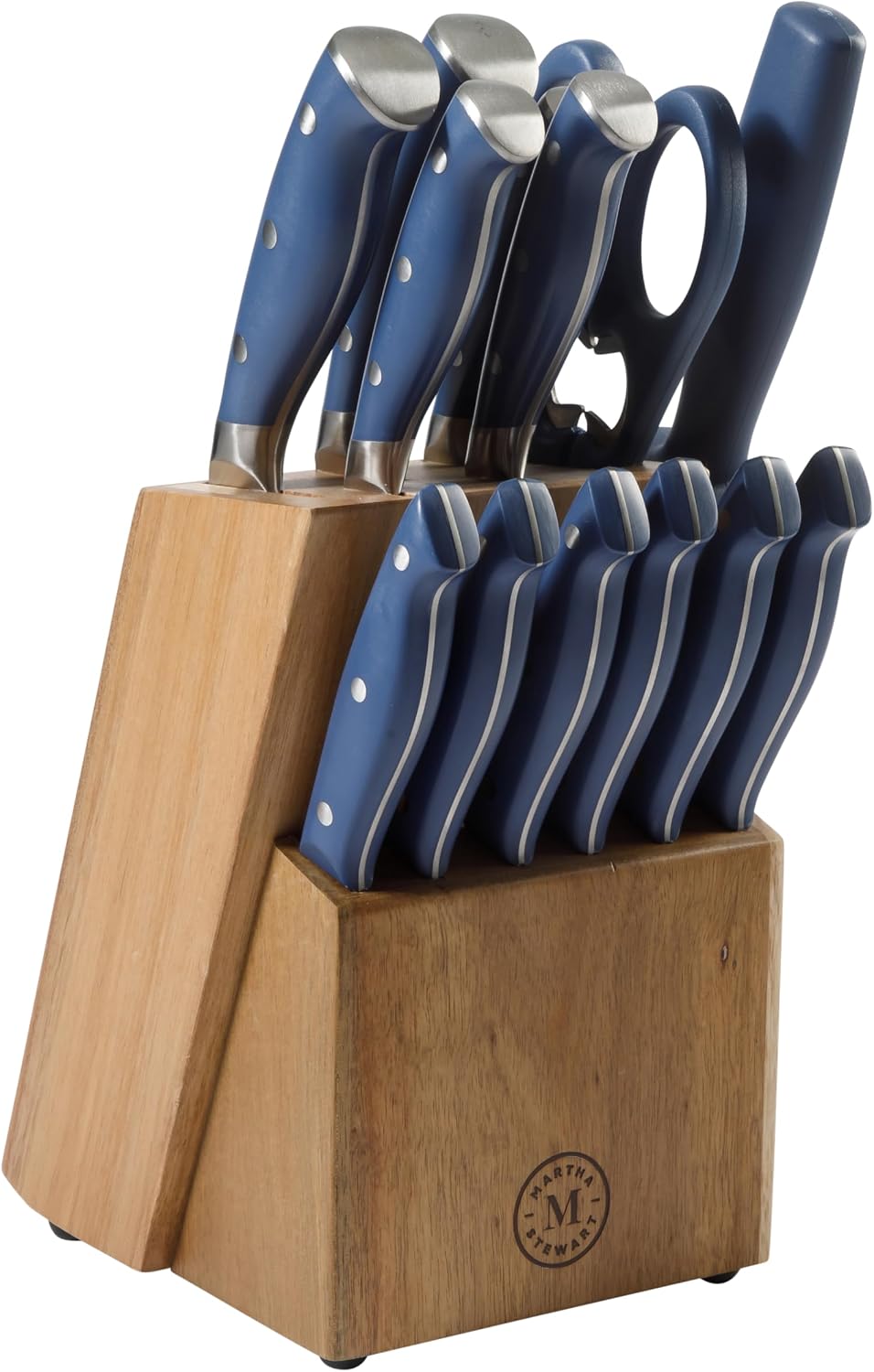 Greeley Forged High Carbon Stainless Steel 14 Piece Knife Block Set, Navy Blue Kitchen Knife Set with Acacia Wood