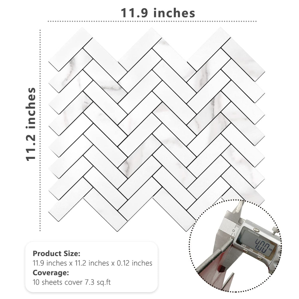 10 Sheets Herringbone Peel and Stick Backsplash, Stick on Aluminum Composite PVC Kitchen Backsplash, Marble White