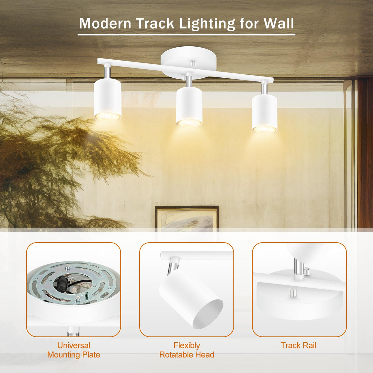 White Track Lighting, 3 Light Track Lighting Kit, White 3 Way Modern Ceiling Spotlight, Flexibly Rotatable Light