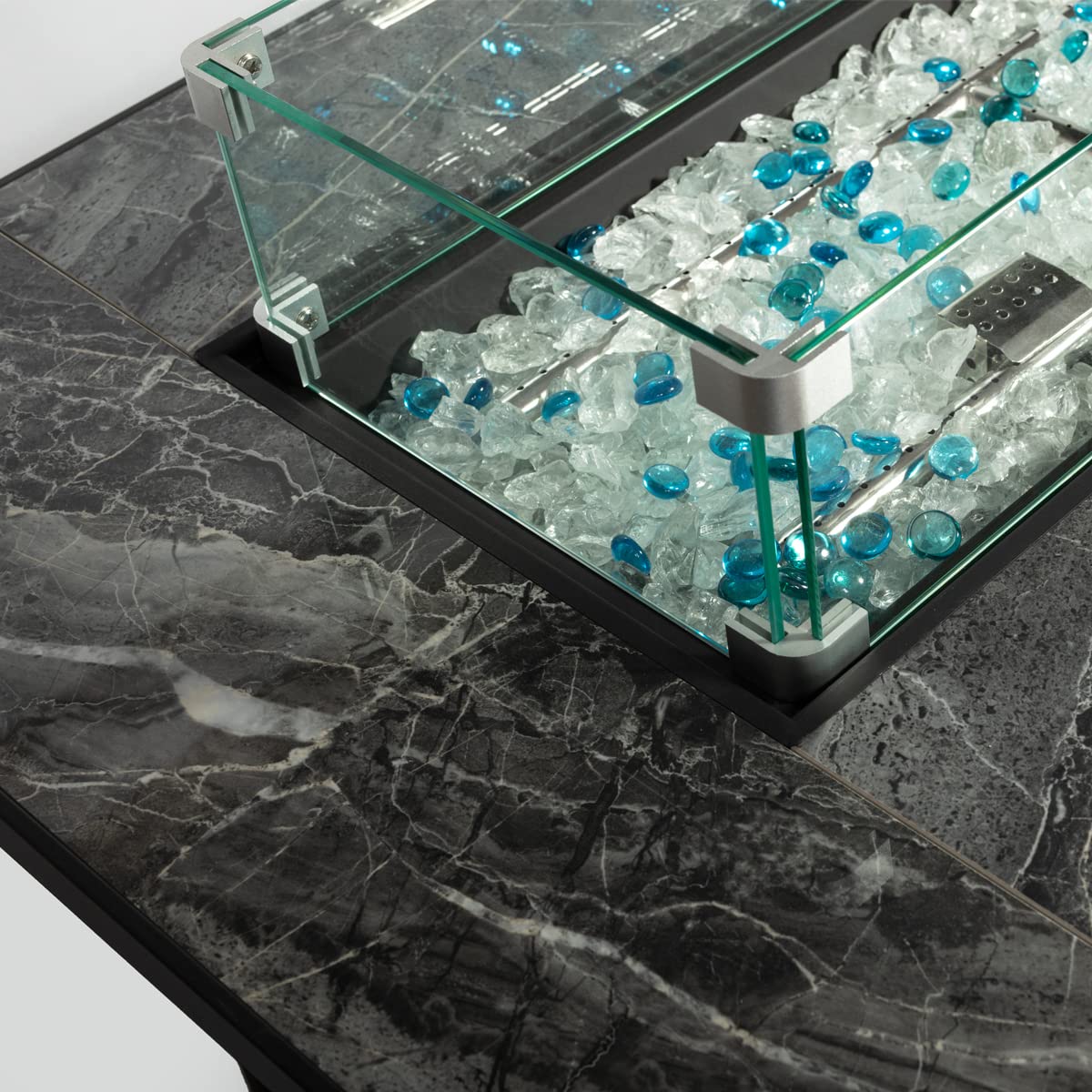 44in Outdoor Propane Gas Fire Pit Table, 50, 000 BTU Auto-Ignition Gas Firepit with Glass Wind Guard, Marble Tile