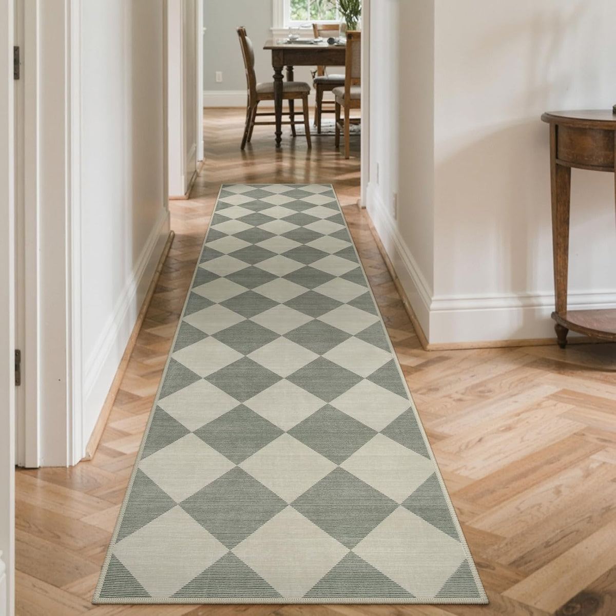 Checkered Print Rug Runners for Hallways, Green Kitchen Runner Rugs Non Skid Washable Ultra Thin Faux Wool