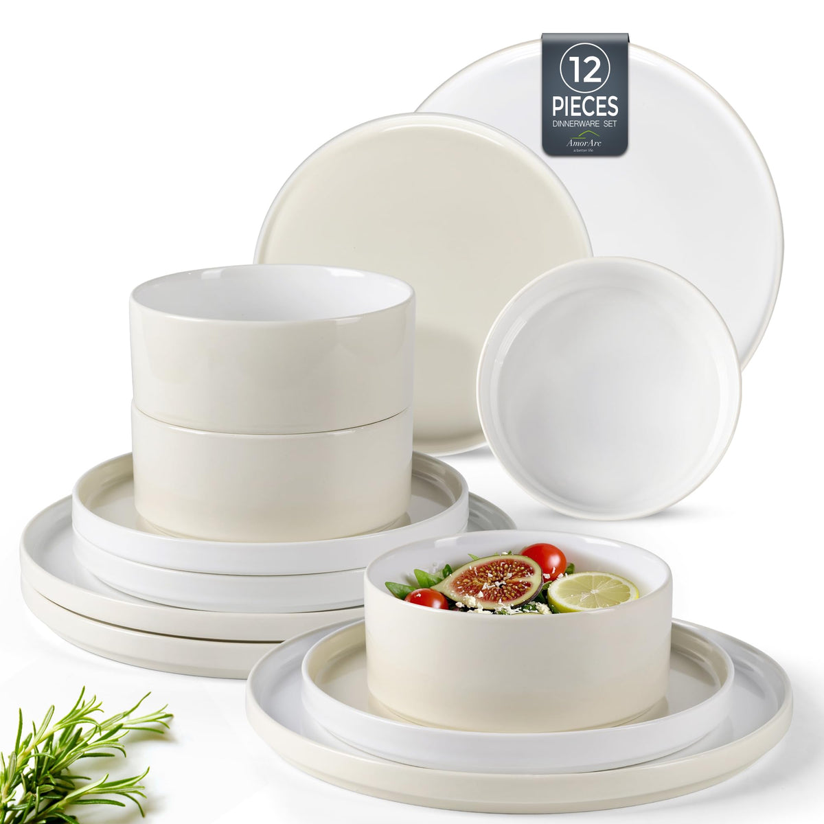 Stoneware Dinnerware Sets for 4,12Pcs Plates and Bowls Set