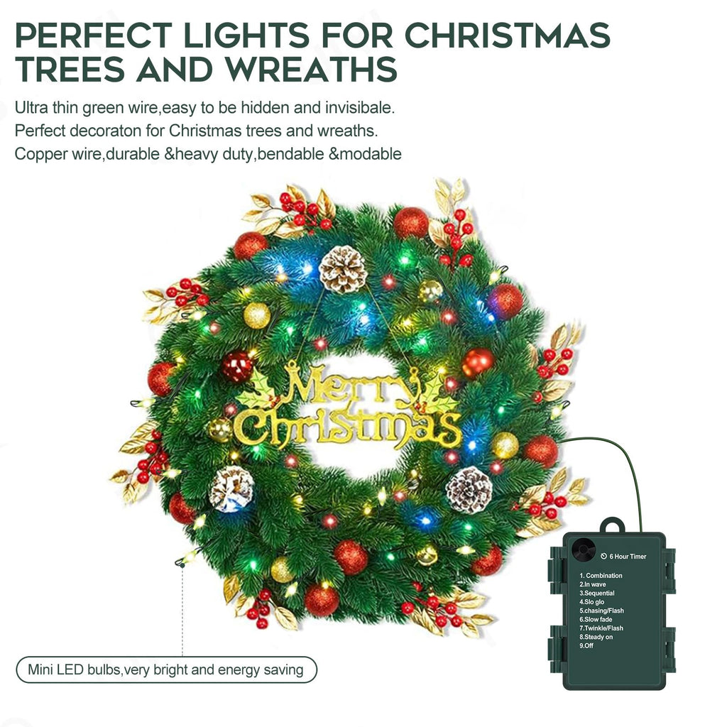 Battery Operated Christmas Lights, 10FT 100 LED Waterproof Dark Green Copper Wire Fairy Light String Light for
