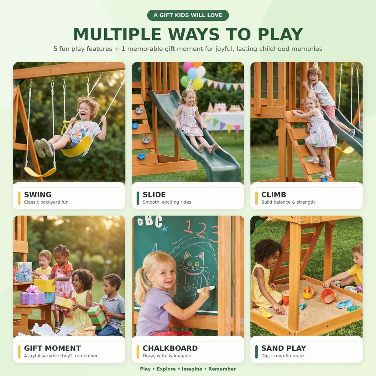 Cedar Wooden Backyard Playset with Swings, Wave Slide, Rock Wall Ladder, Sandbox Chalkboard & Canopy Roof, Outdoor