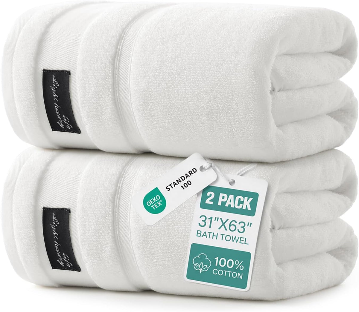 Luxury White Bath Towels Set of 2, 100% Cotton 760GSM Heavyweight Bath Sheets, 31 x 63 Inch Oversized Large Bath