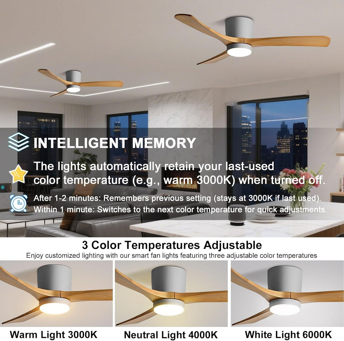 48" Wood Flush Mount Ceiling Fan with Light & Remote