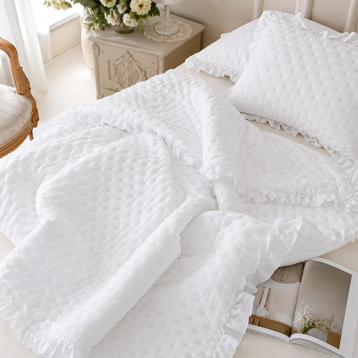 White Quilt Set, Oversized Ruffle Farmhouse Bedding