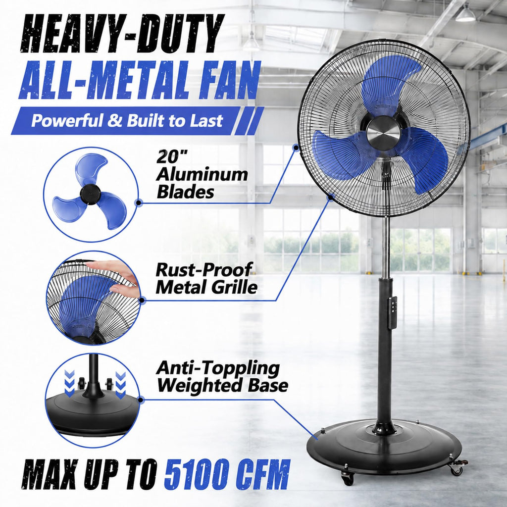 20 Inch DC Motor Pedestal Fan, Energy Efficient & Quiet 5100 CFM High Velocity Oscillating Standing Fan with Casters
