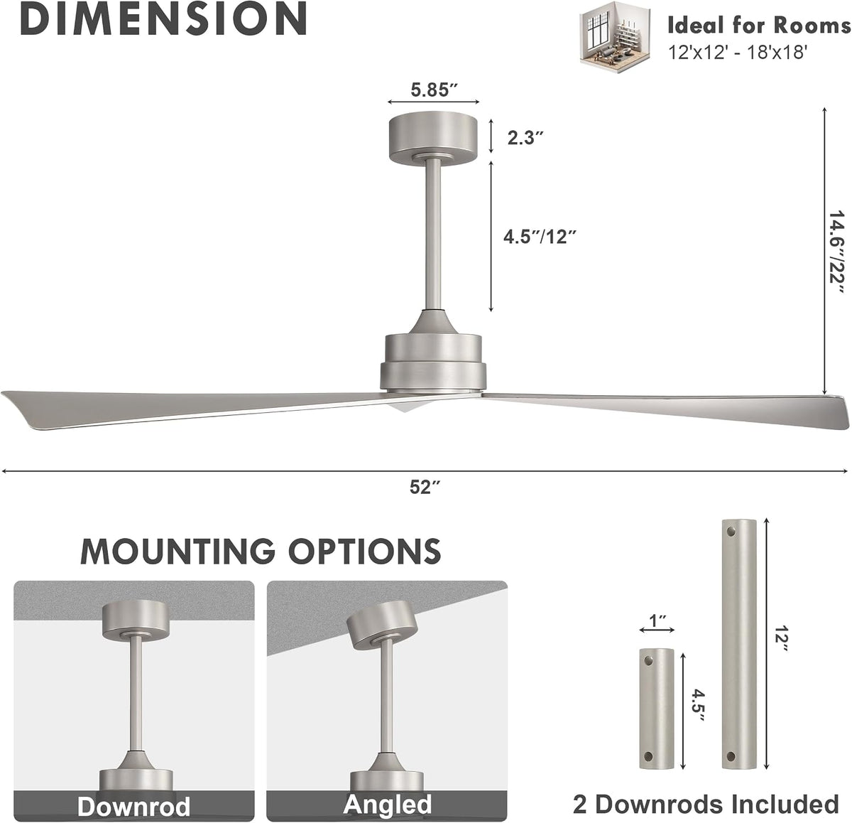 Inspired Adler Style 52" DC Ceiling Fan Without Light, 3 Sculpted ABS Blades, 6-Speed Remote - Brushed Nickel