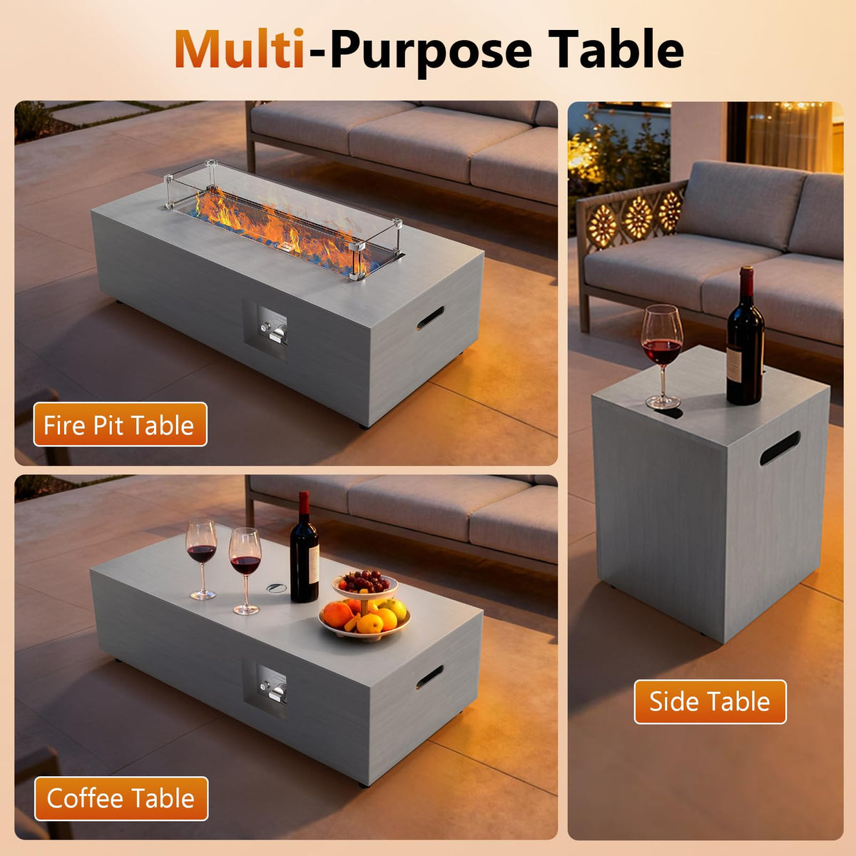 2-Piece 42" Rectangular Propane Fire Pit Table for Outside Patio 50, 000 BTU