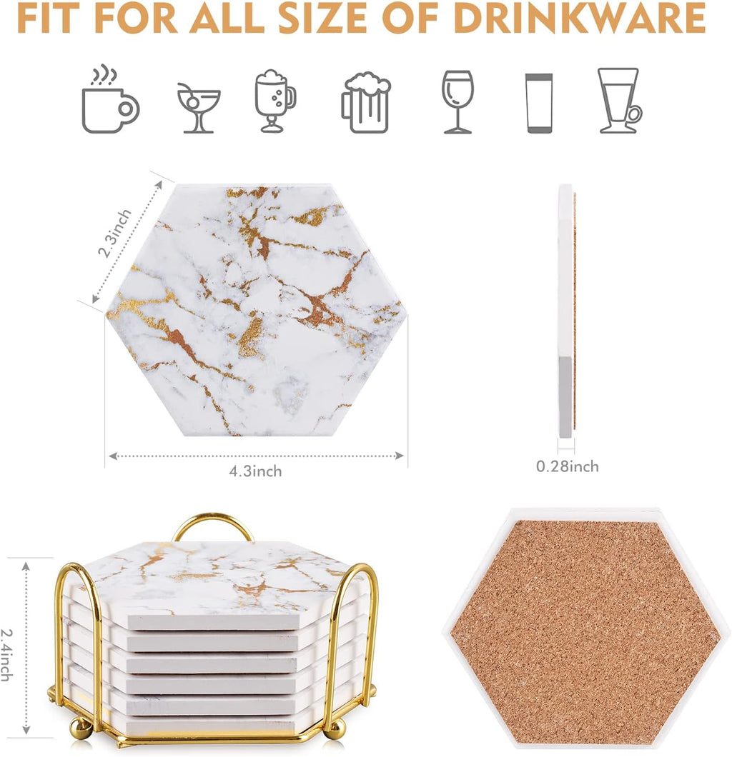 Marble Gold Coasters for Drinks Absorbent with Cork Base, Drink Coasters for Wooden Table with Metal Holder - Set of 6