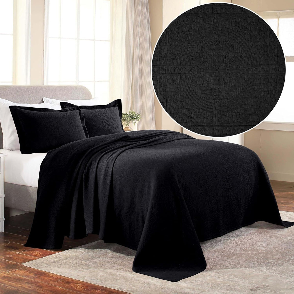 Cotton Bedspread, Jacquard Woven Matelasse Bedding, Queen, Black