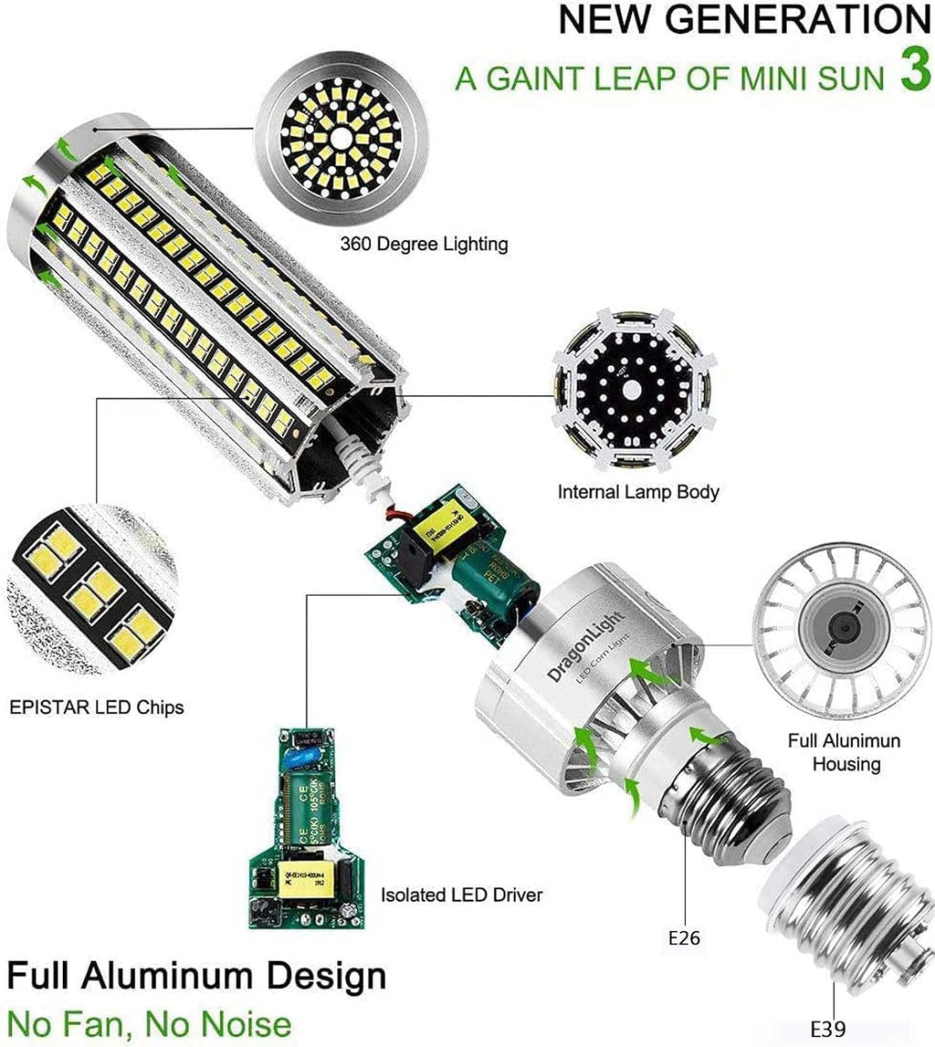 54W Corn LED Light Bulb Fanless(400 Watt Equivalent) E26/E39 Large Mogul Base LED Lamp 6000K Daylight 6,500LM