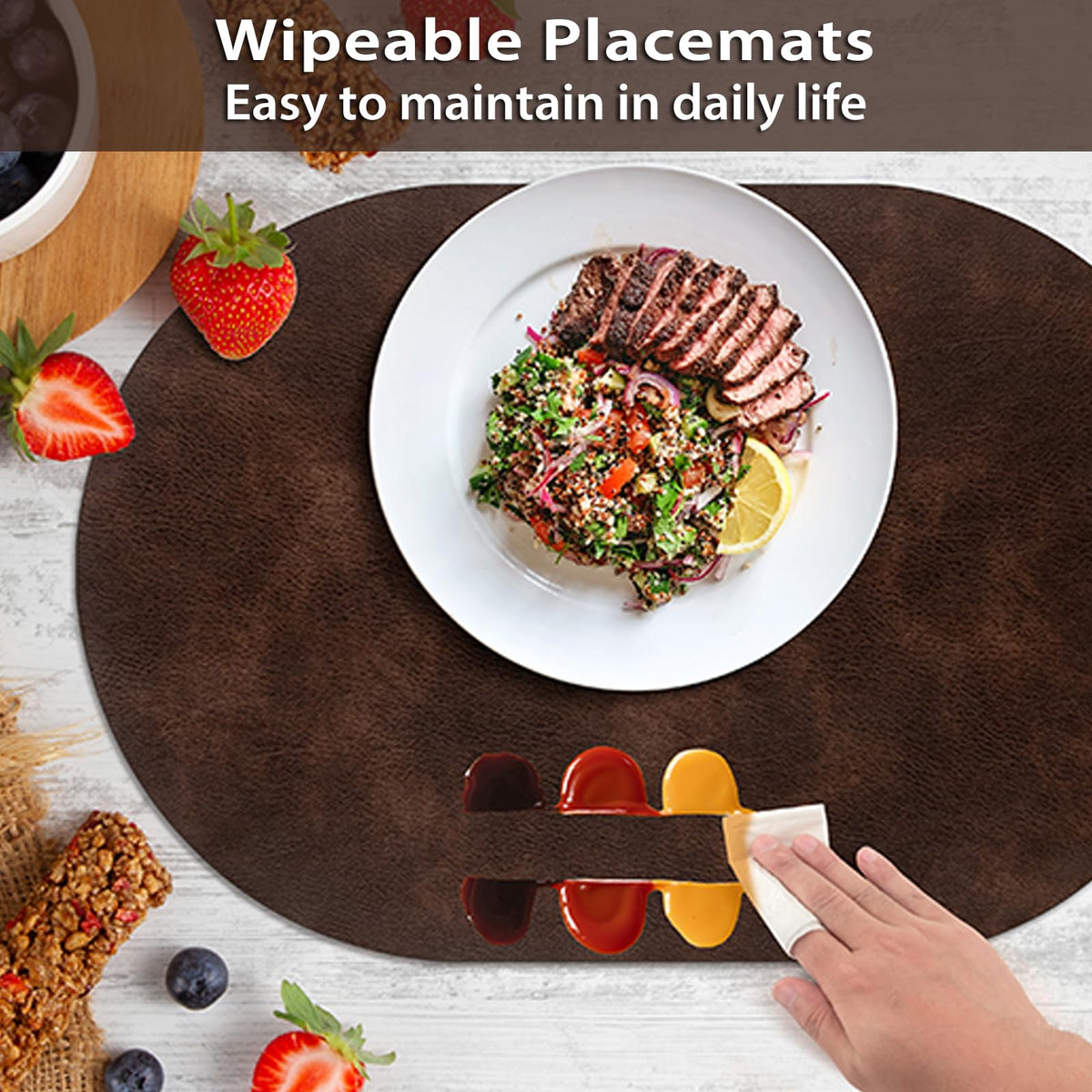 Oval Placemats Set of 12, Wipeable Faux Leather, Coffee