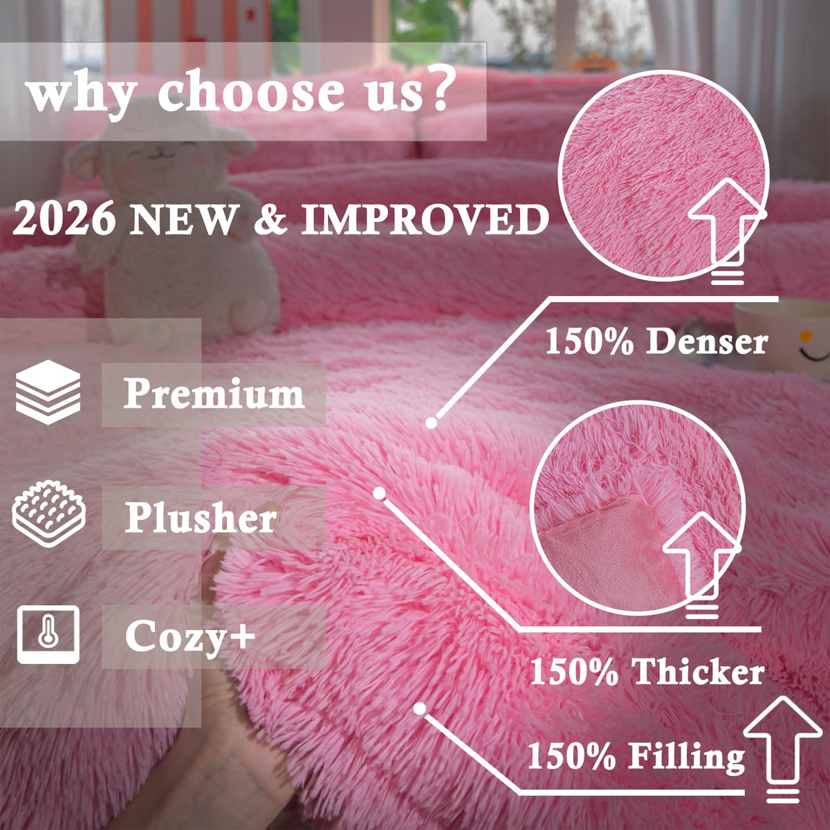 Faux Fur Plush Pink Comforter Sets - Ultra Soft Shaggy Flannel Velvet Fluffy Fuzzy 3PC Bedding Sets