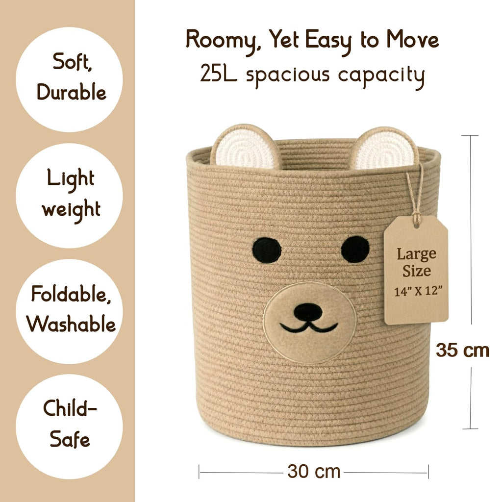 Nursery Storage Basket, 25L Large Woven Cotton Rope Baby Bin with Bear Design, Foldable Washable Laundry Hamper, Kids