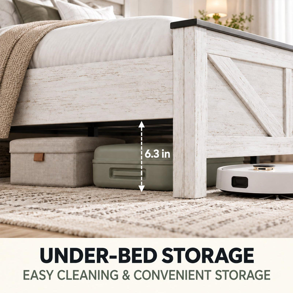 Farmhouse Bed Frame with LED Charging Headboard