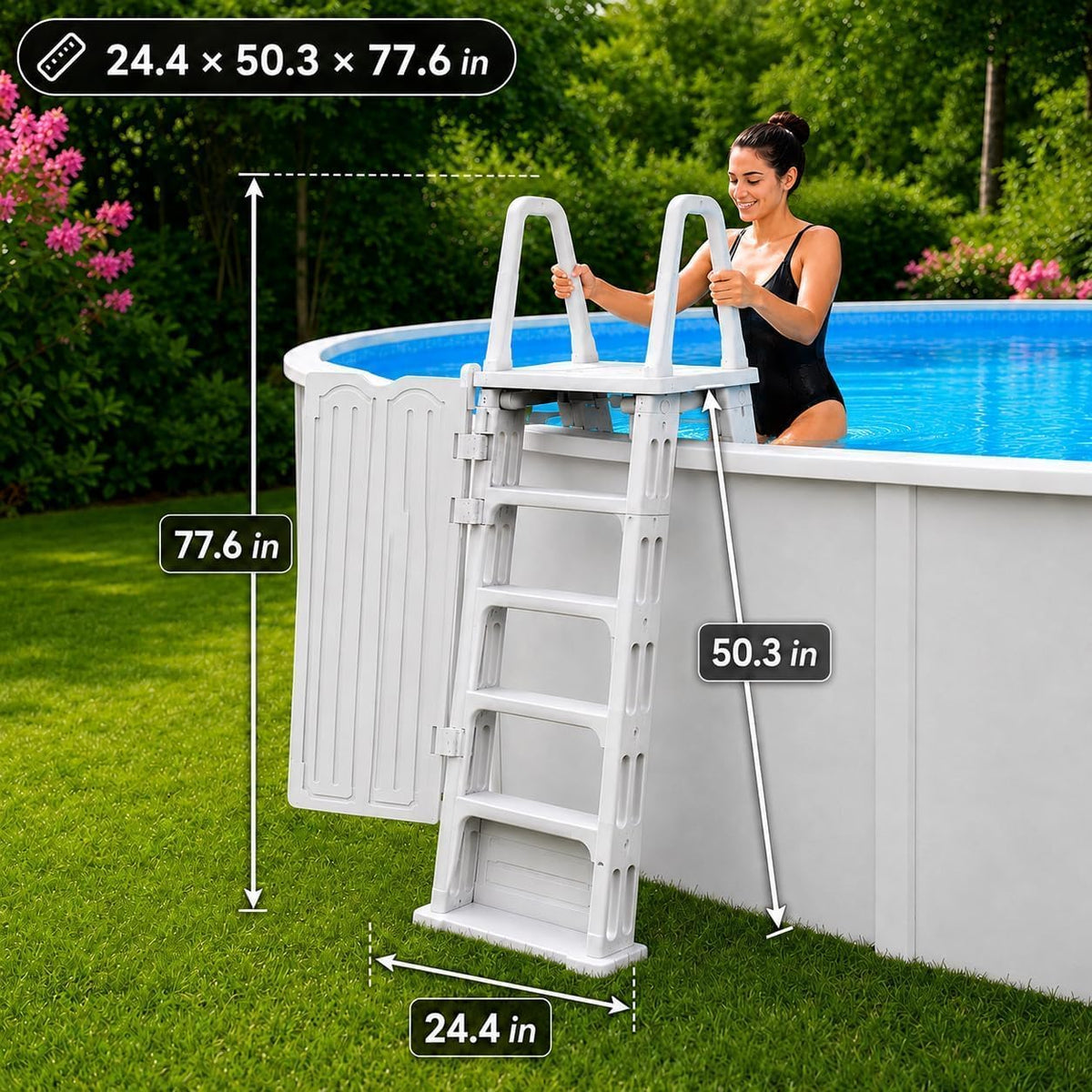 Above Ground Pool Ladder & Step System with Lockable Safety Gate, Adjustable Height, Wide Non-Slip Steps, Heavy-Duty