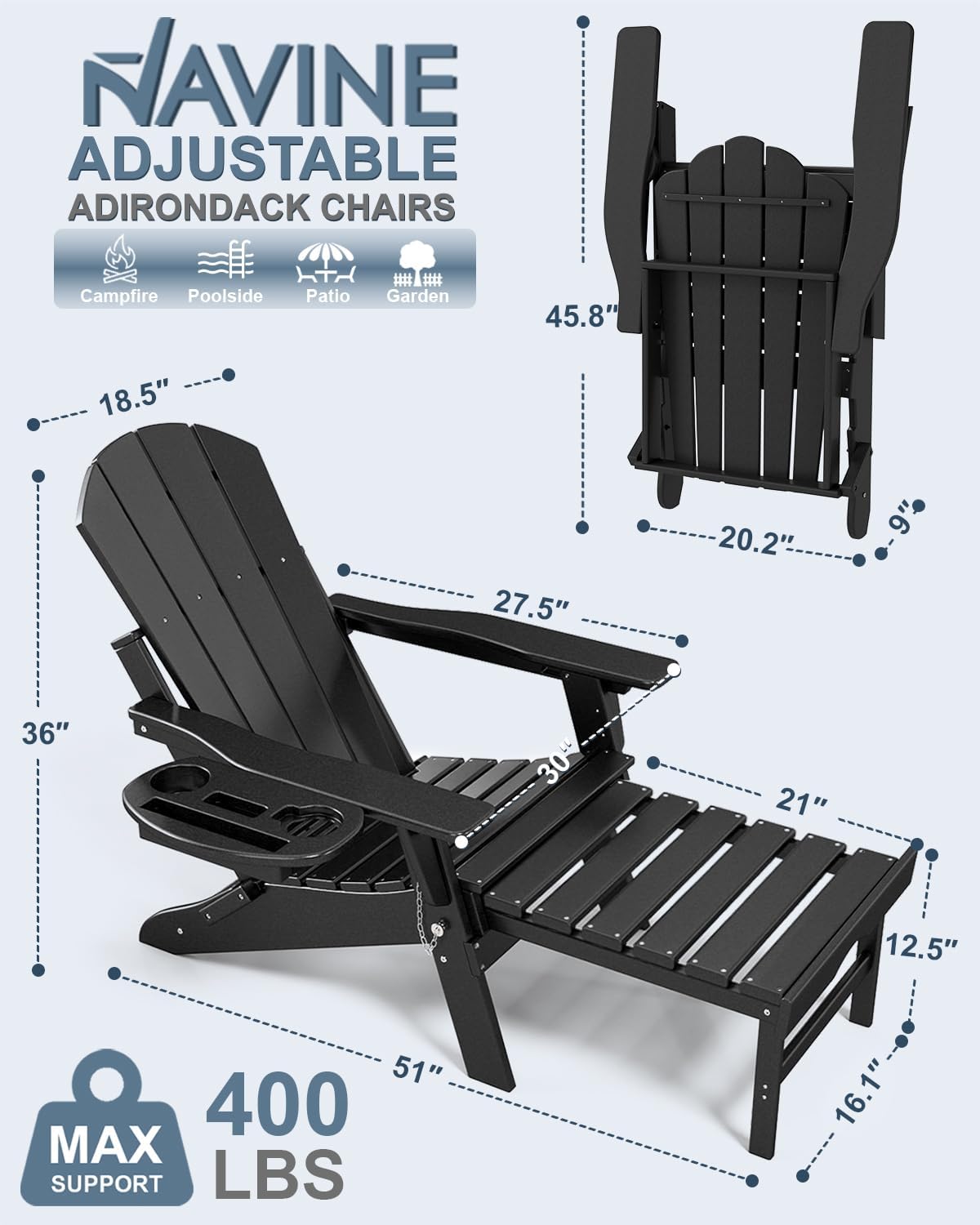 Adjustable Adirondack Chair Set of 2 with Retractable Ottoman, Black | Folding HDPE Chair with Multifunctional Cup