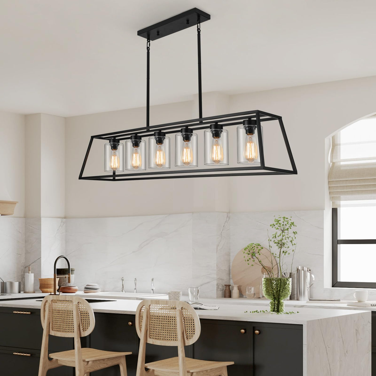 Black Rectangle Chandelier Light fixture Over Table