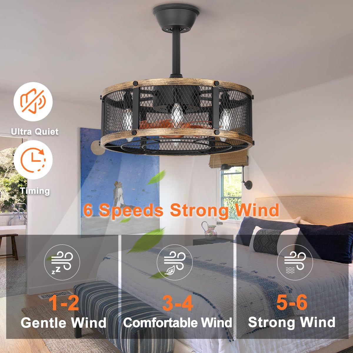 19" Caged Ceiling Fan with Light & Remote