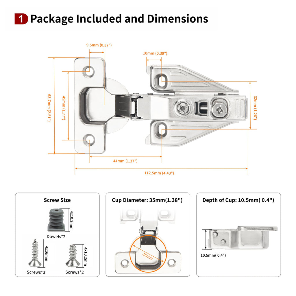 10 Pack Full Overlay Face Frame Soft Close Hinges, 105° 3-Way Adjust