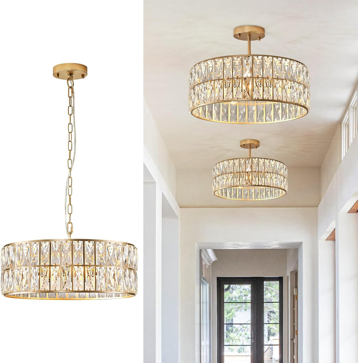 Gold Semi Flush Crystal Chandelier for Dining Rooms, Modern Form