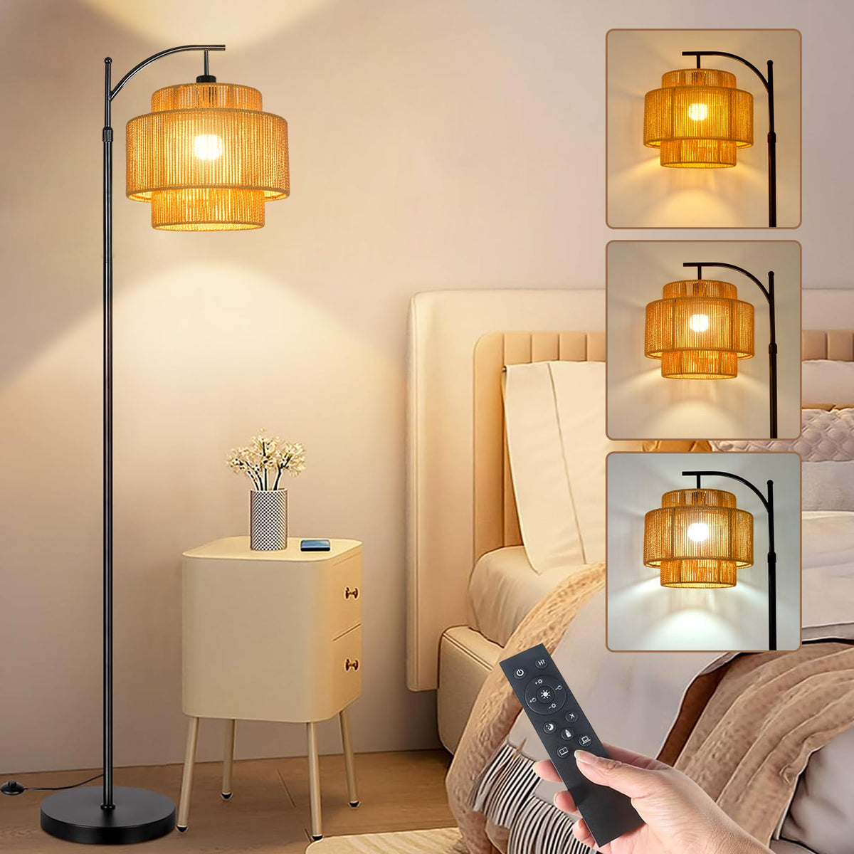 Rattan Floor Lamp Bedroom Boho Arc Standing Lamp with Remote Dimmable Black Farmhouse Wicker Bamboo Lamp Shade Floor