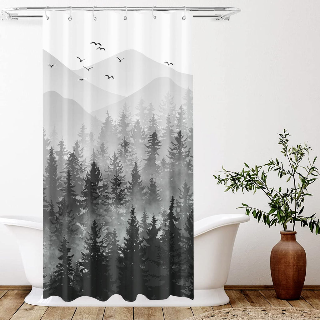 Stall Small Black and White Misty Forest Shower Curtain Ombre Gray Grey Mountain Pine Tree Waterproof Fabric Shower