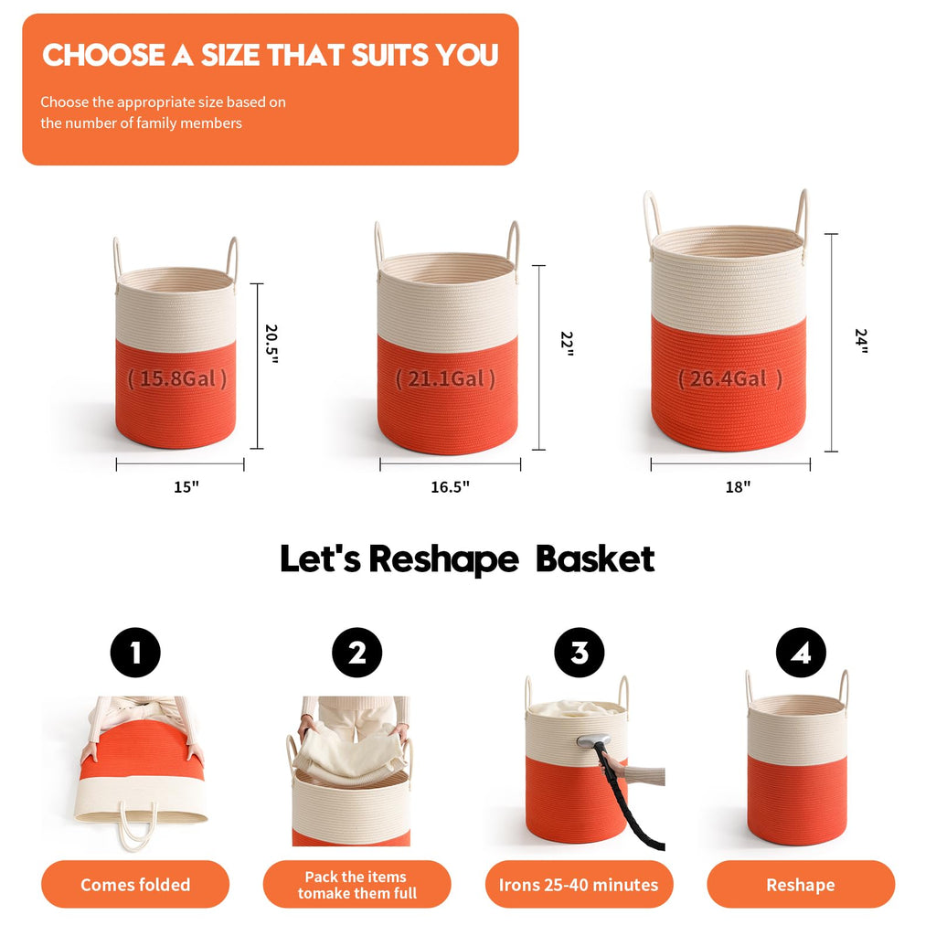 Woven Laundry Hamper Tall Rope Storage Basket for Blanket oys Dirty Clothes Bathroom Bedroom (White&Orange