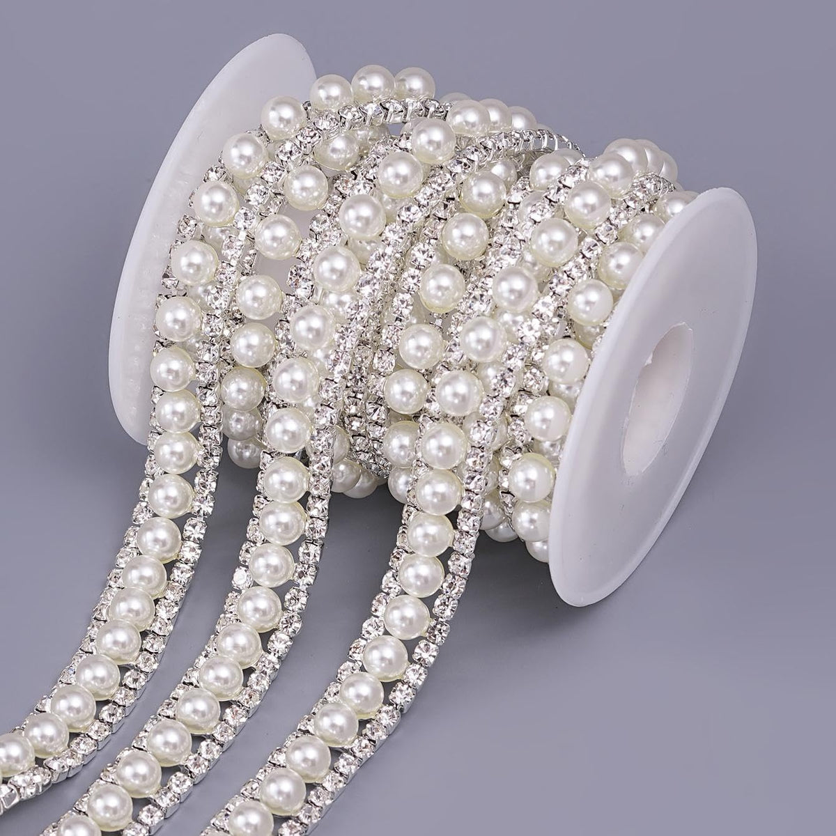 2 Rows Rhinestone Trim, Crystal Chain Inlaid White Pearl Beaded - 2 Yard