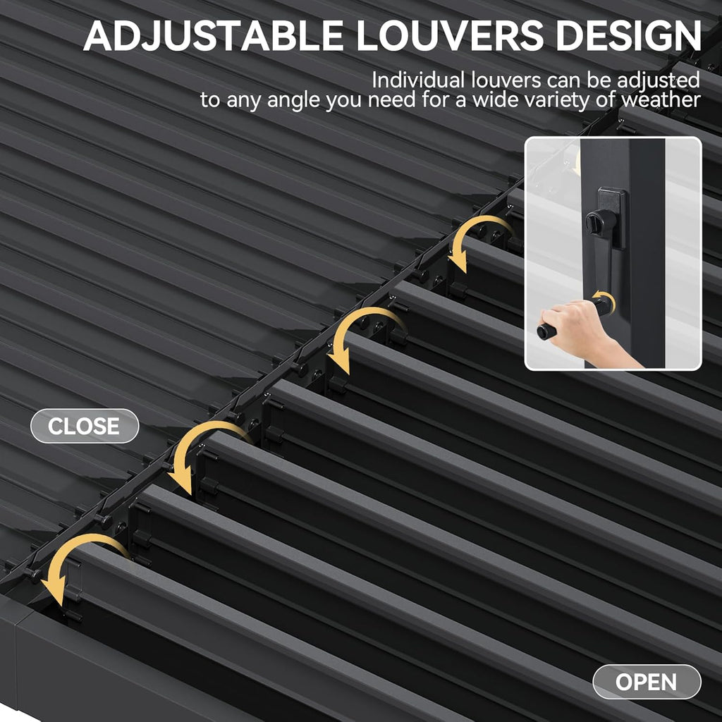 Louvered Pergola 10' x 12' Outdoor Aluminum Pergola with Adjustable Top for Decks, Gardens and Backyards, Gray
