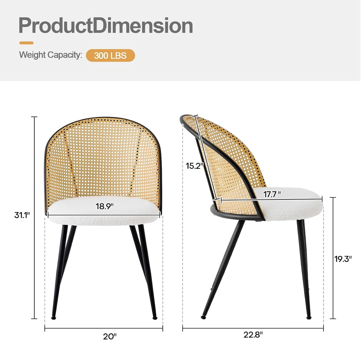 Rattan Dining Chairs Set of 4, Mid-Century Modern Upholstered Kitchen Chairs with Cane Backrest, Armless Farmhouse Dining Chairs with Metal Legs, White