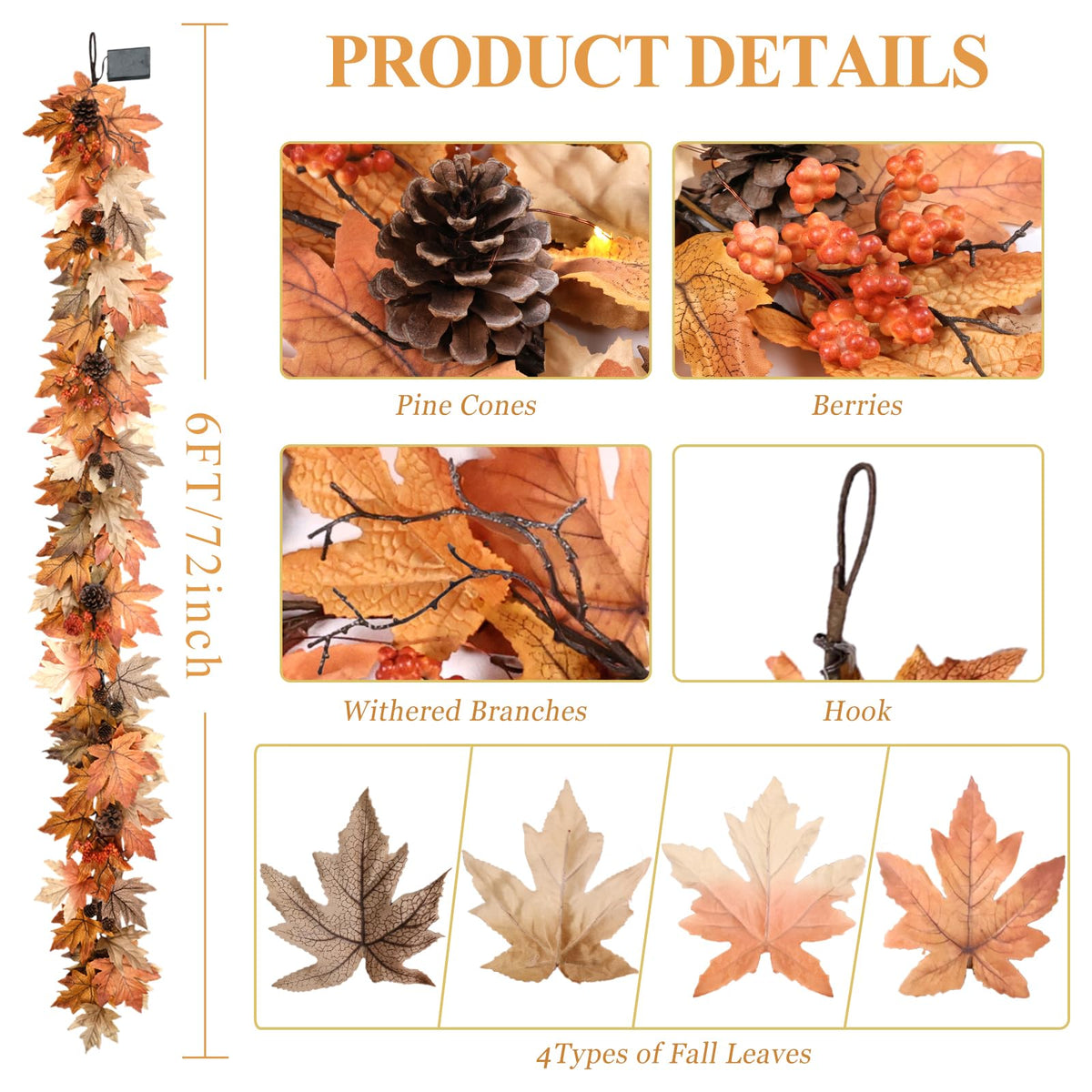 6 FT Lighted Fall Garland with Lights Autumn Automatic ON/Off Timer