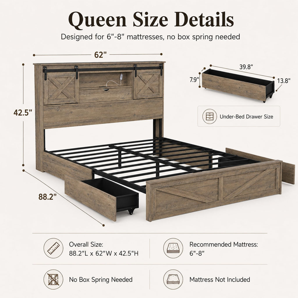 Farmhouse Bed Frame with Barn Door Headboard and Drawers, Grey