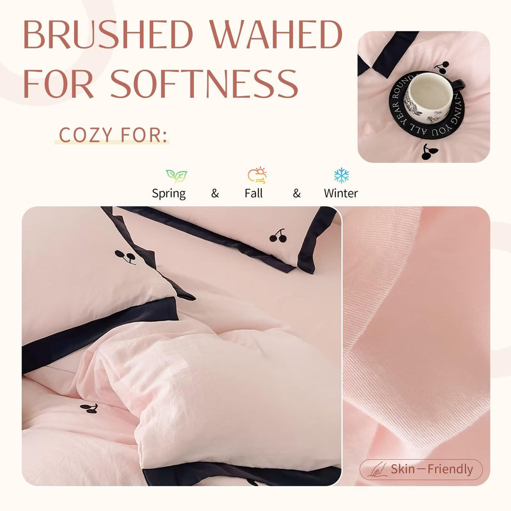 Cute Coquette Duvet Cover Set 3 Pcs(1 Duvet Cover with 2 Pillowcases), Soft Brushed Wash Fall Winter Duvet