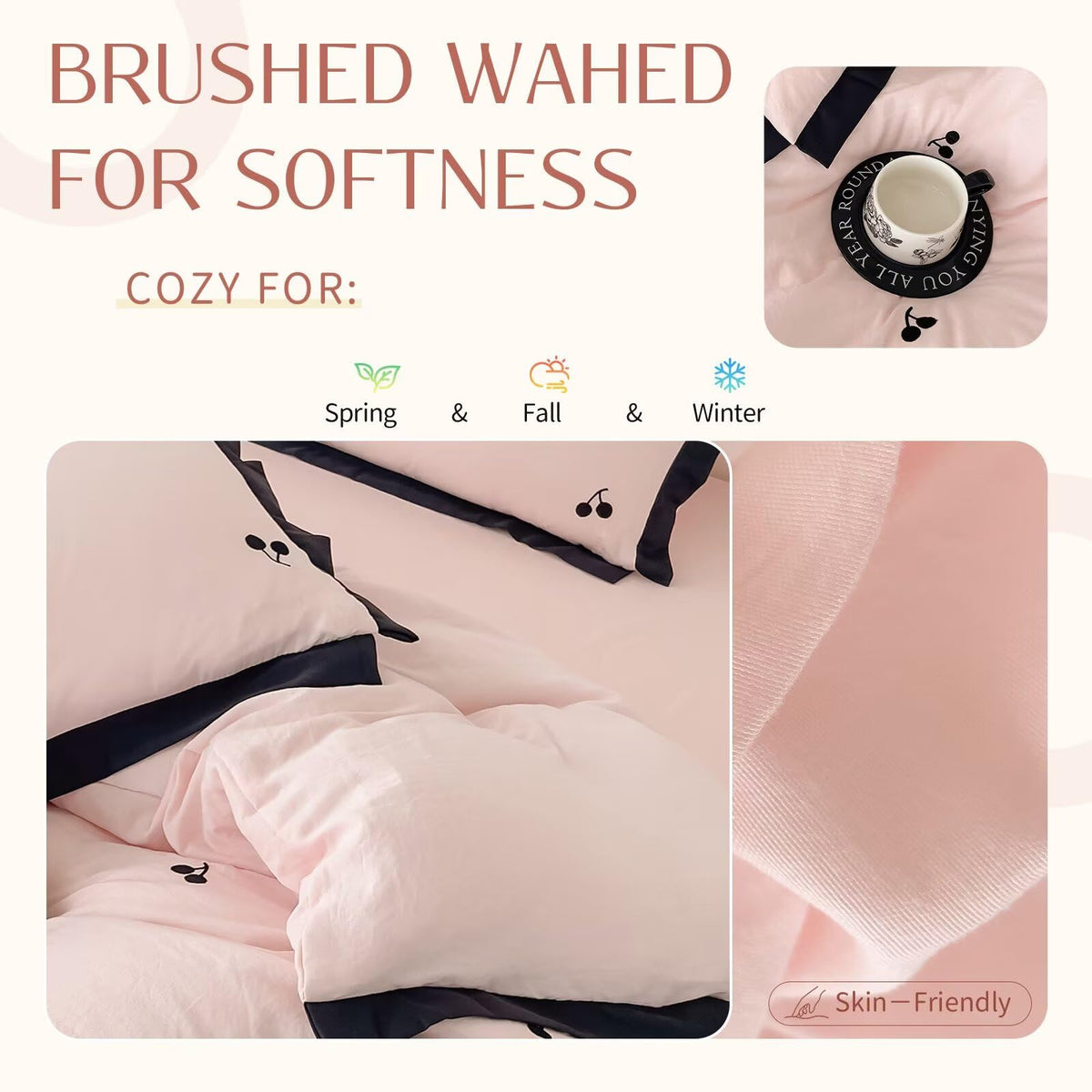 Cute Coquette Duvet Cover Set 3 Pcs(1 Duvet Cover with 2 Pillowcases), Soft Brushed Wash Fall Winter Duvet
