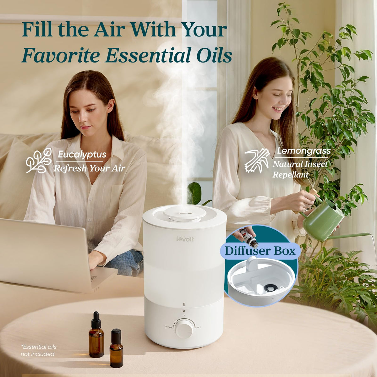 Humidifiers, Quiet, 3L Cool Mist, Essential Oil Diffuser