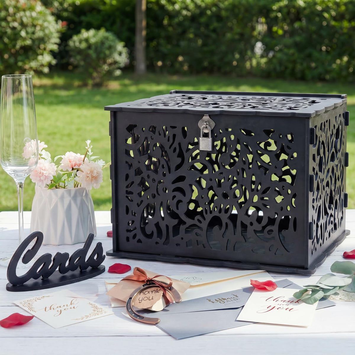 Black Wedding Card Boxes for Reception, PVC Gift Card Box for Wedding Decor