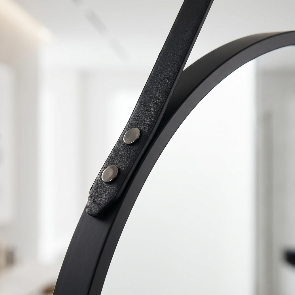 20" Black Round Mirror, Circle Wall Mirror with Leather Strap