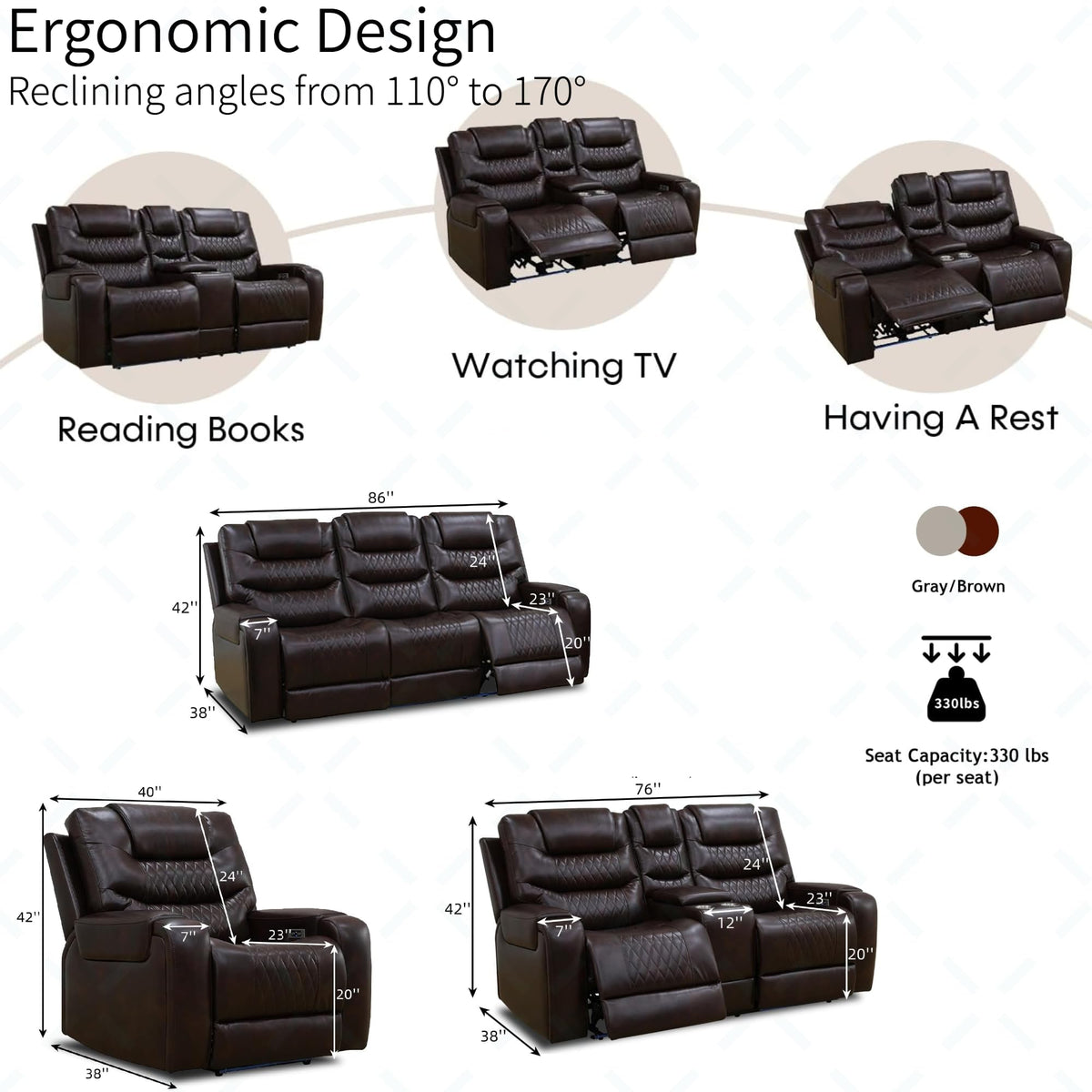 Living Room Furniture Set, Power Reclining Sofa Set, Air Leather Recliners with Built-in USB Ports and Storage
