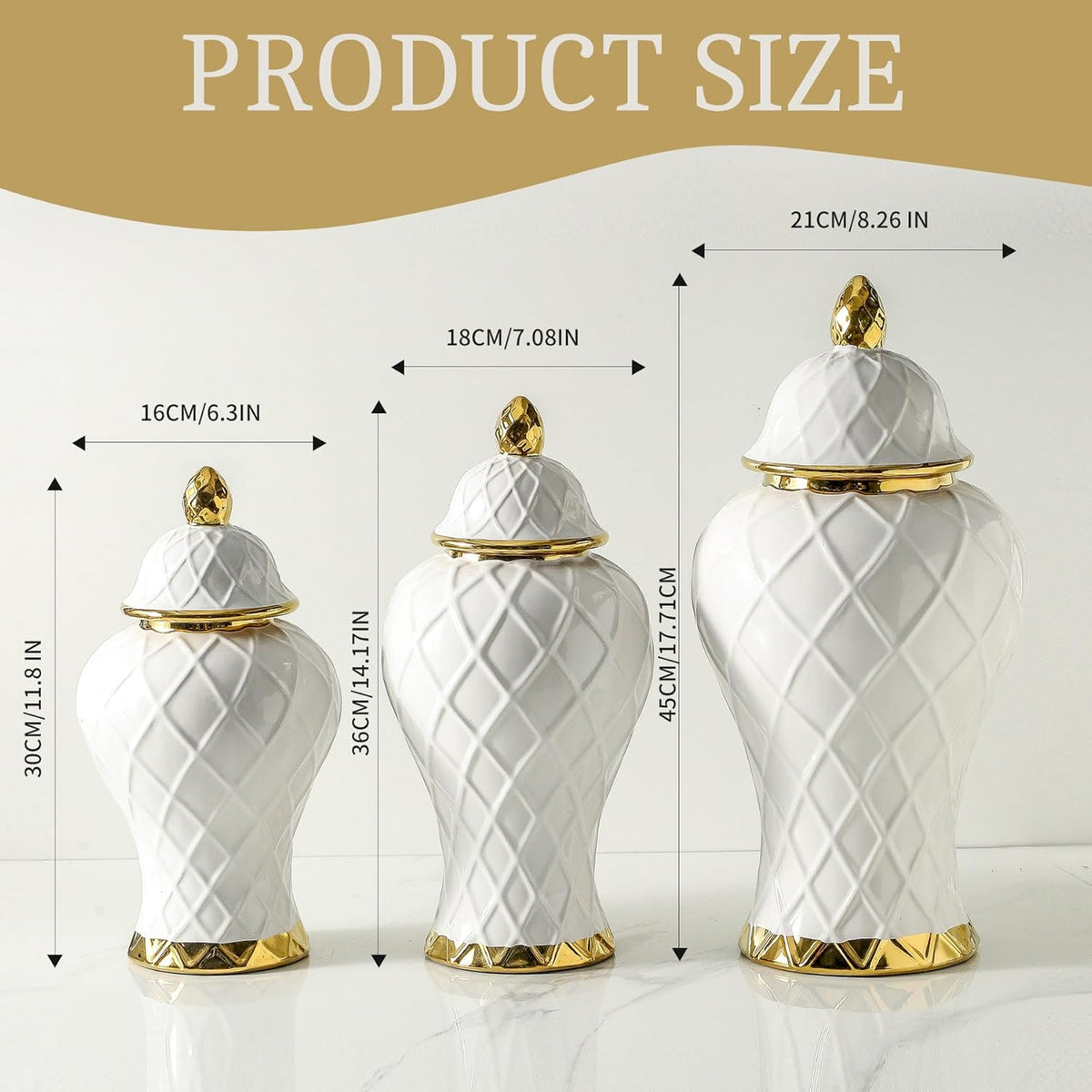 Ginger Jars Decor, White and Gold Vase, Decorative Ceramic Ginger jar with lid, Porcelain Flower Vase
