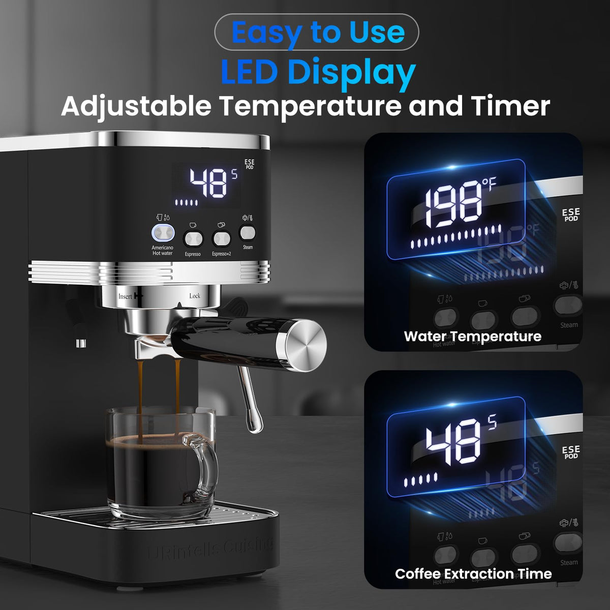 Compact Espresso Machine 20 Bar, with 3 Adjustable Temp