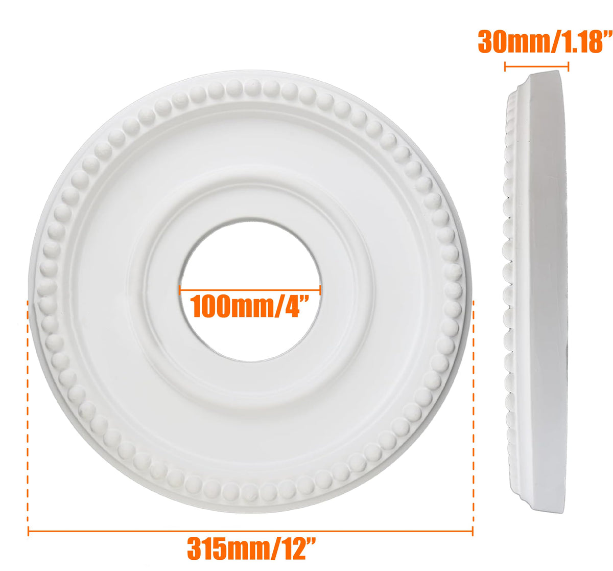 12 Inch OD x 4inch ID White Ceiling Medallion Plate - PU Plastic Decorative Cover for Fan, Light Fixtures, Chandelier