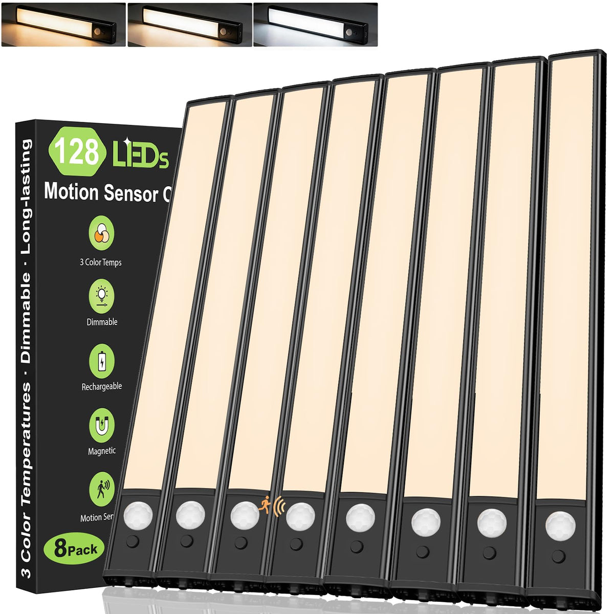 14in Under Counter Lights 8 Pack, 2200mAh Rechargeable Motion Sensor Light