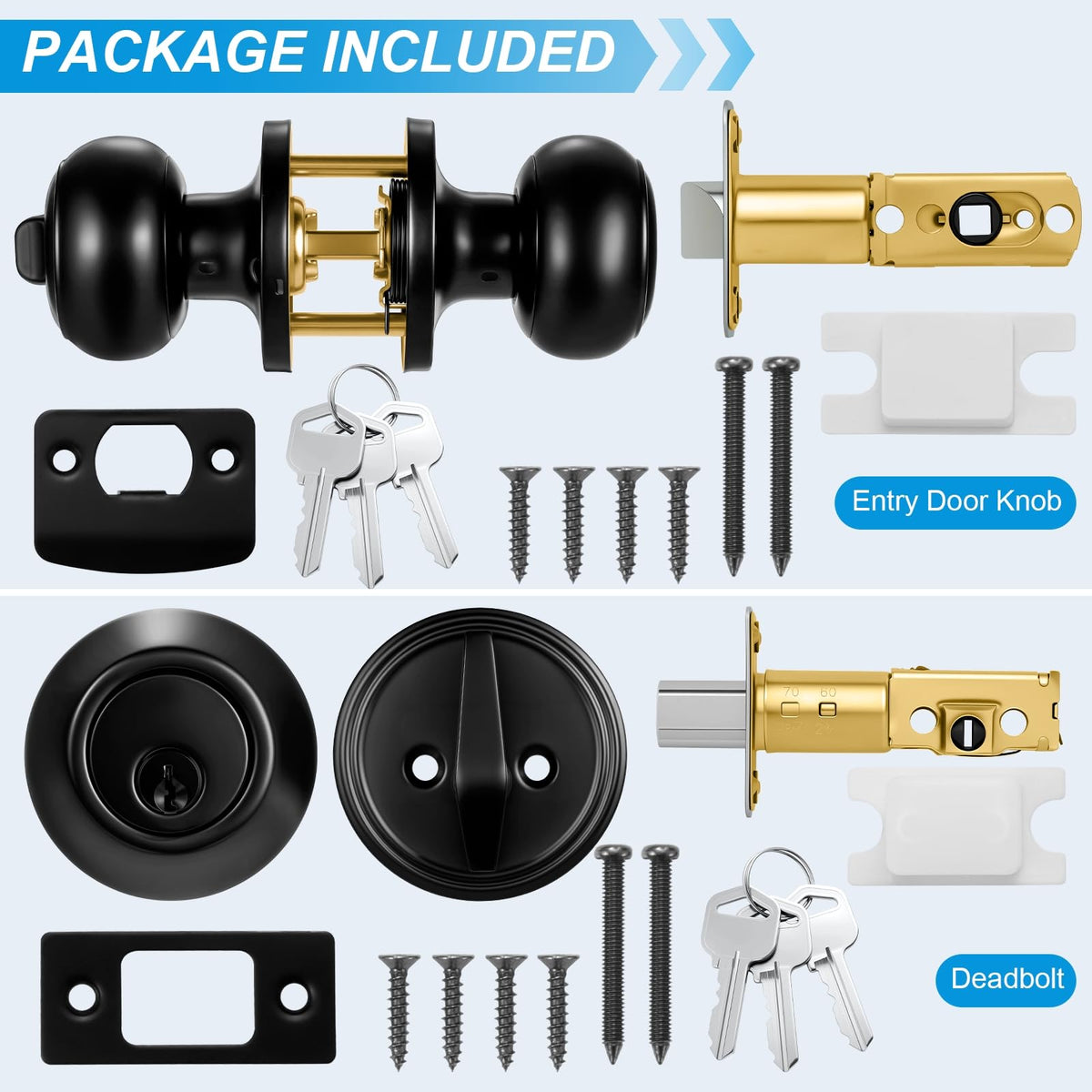 2 Pack Front Door Lock Set Matte Black, Exterior Door Lock Set with Deadbolt, Single Cylinder Deadbolt Lock and Door