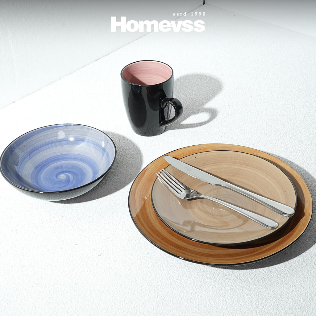 Sonoma 16pc Stoneware Dinnerware Set, Outside Black plus inside Hand Painting Combi Colors of Cobalt, Mocha, Rose and