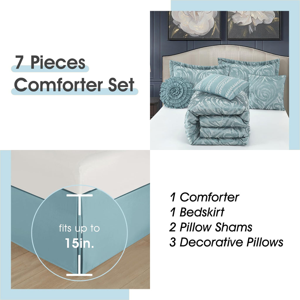 Blue 7 Piece Comforter Set, Elegant Floral Jacquard, Ultra Soft Bed Set for All Seasons, Bed in a Bag, Include