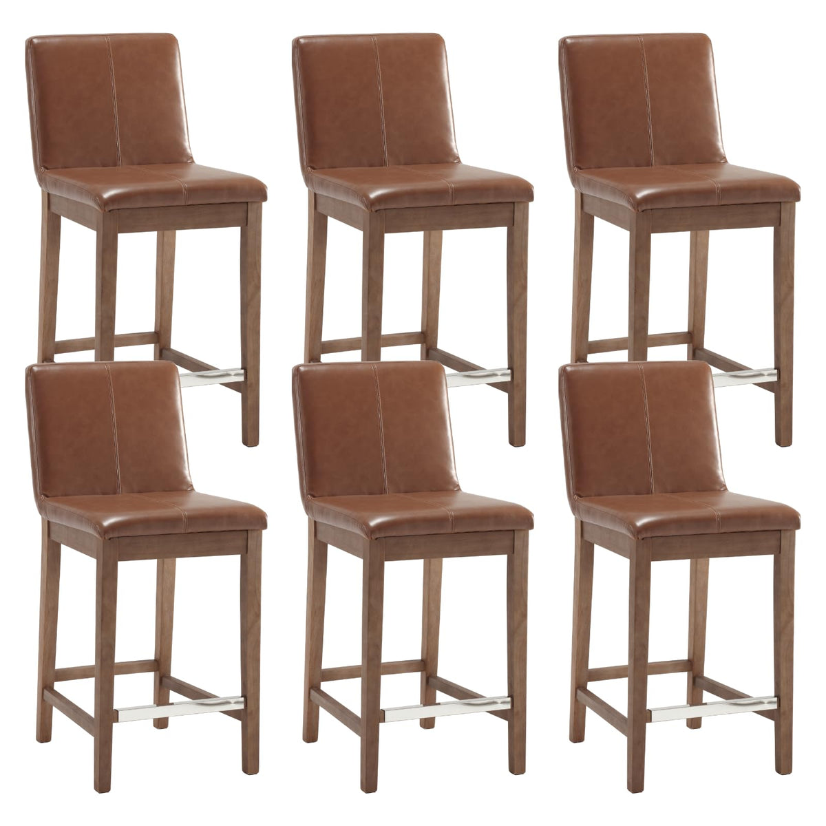 Counter Height Bar Stools Set of 6 Faux Leather Upholstered Kitchen Island Stools with Back and Distressed Wood Legs