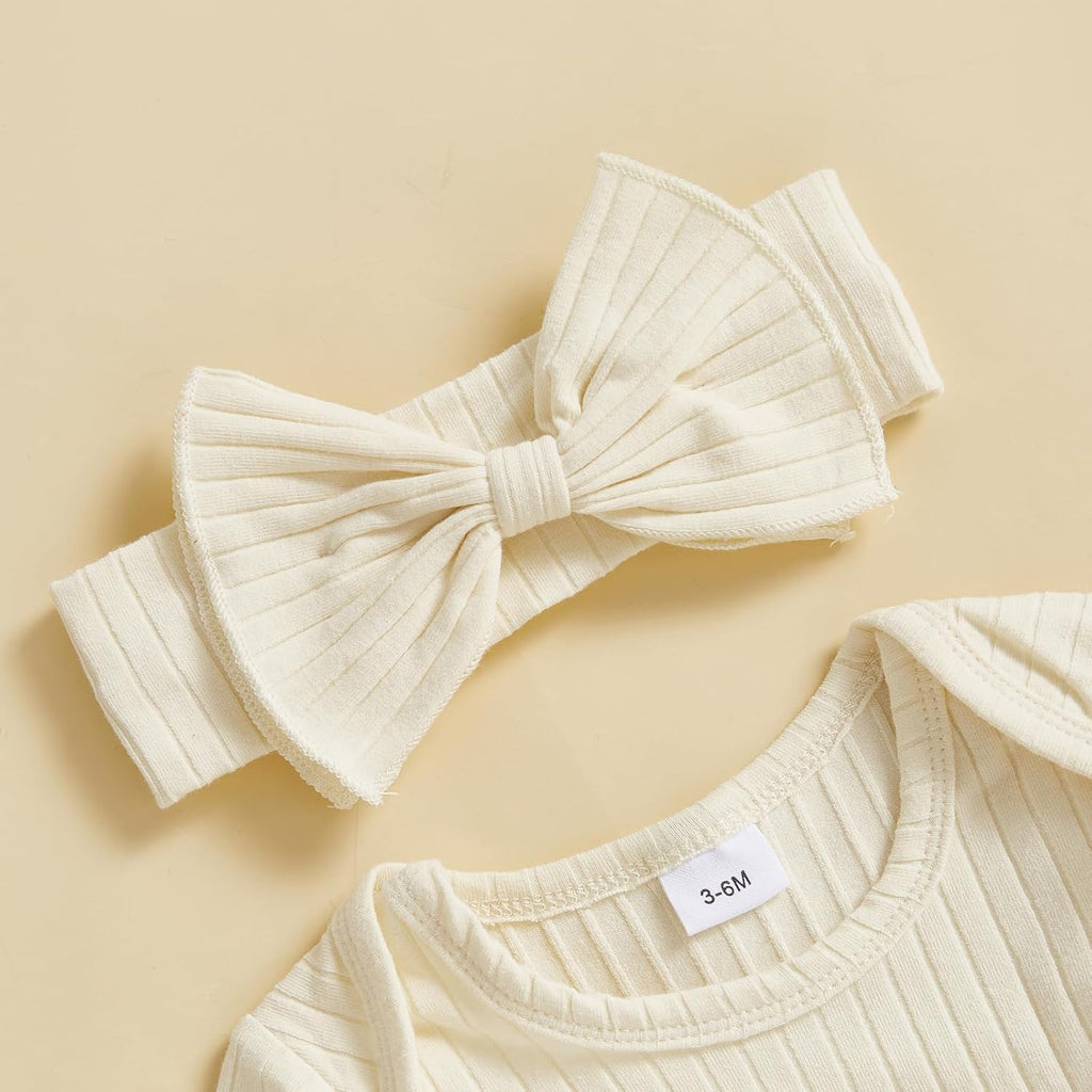 Newborn Girl Outfits Infant Baby Clothes Set Ribbed Knit Romper Headband Ruffle Long Sleeve Solid Bodysuit Jumpsuit